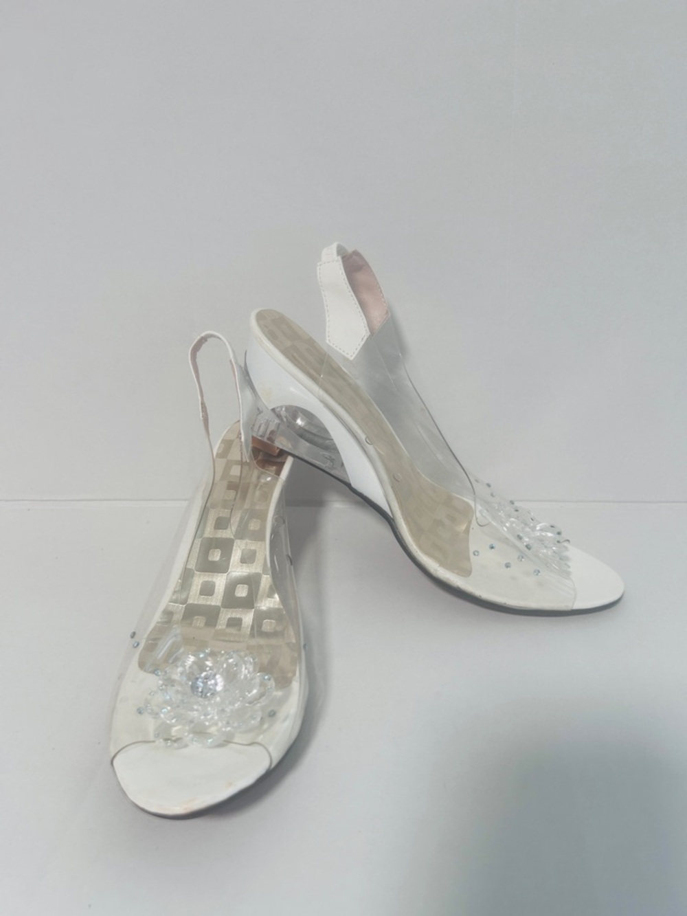 Source Unknown White Slingback Heels with Clear Straps and Crystal Flower